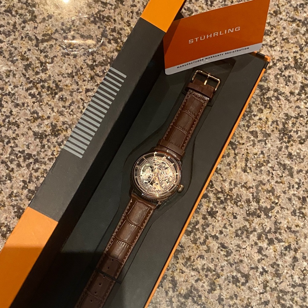 Stuhrling Original Brown Leather Skeleton Watch